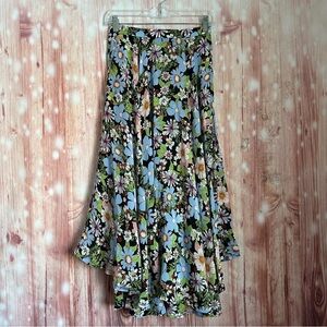LHD The Riviera Black Silk Blend Blue Floral Print Flowy  Midi Skirt Size 0